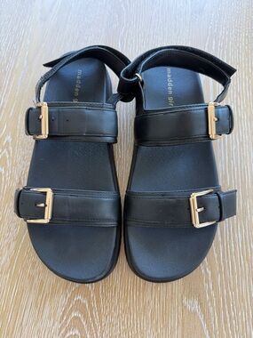 Madden Girl Black Double-Buckle Slide Sandals with Gold Hardware